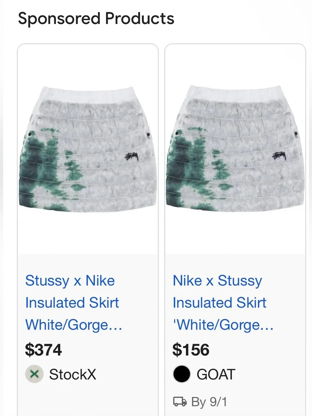 Nike x Stussy White Puffer Mini Skirt with Green Tie-Dye Accent: Size M